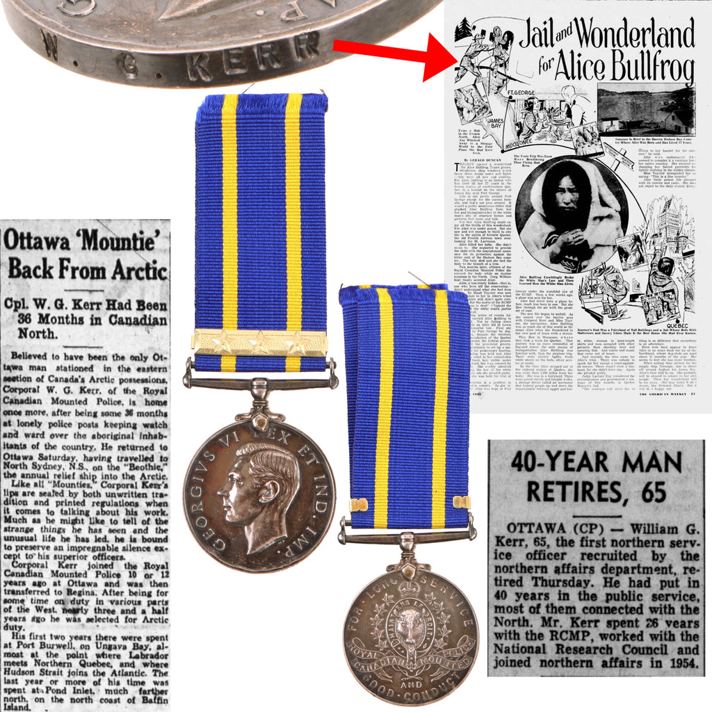 Original Canadian WWII Era Named Arctic Mountie George VI Royal Canadian Mounted Police Long Service Medal with 35 Year Clasp - Corporal William G. Kerr