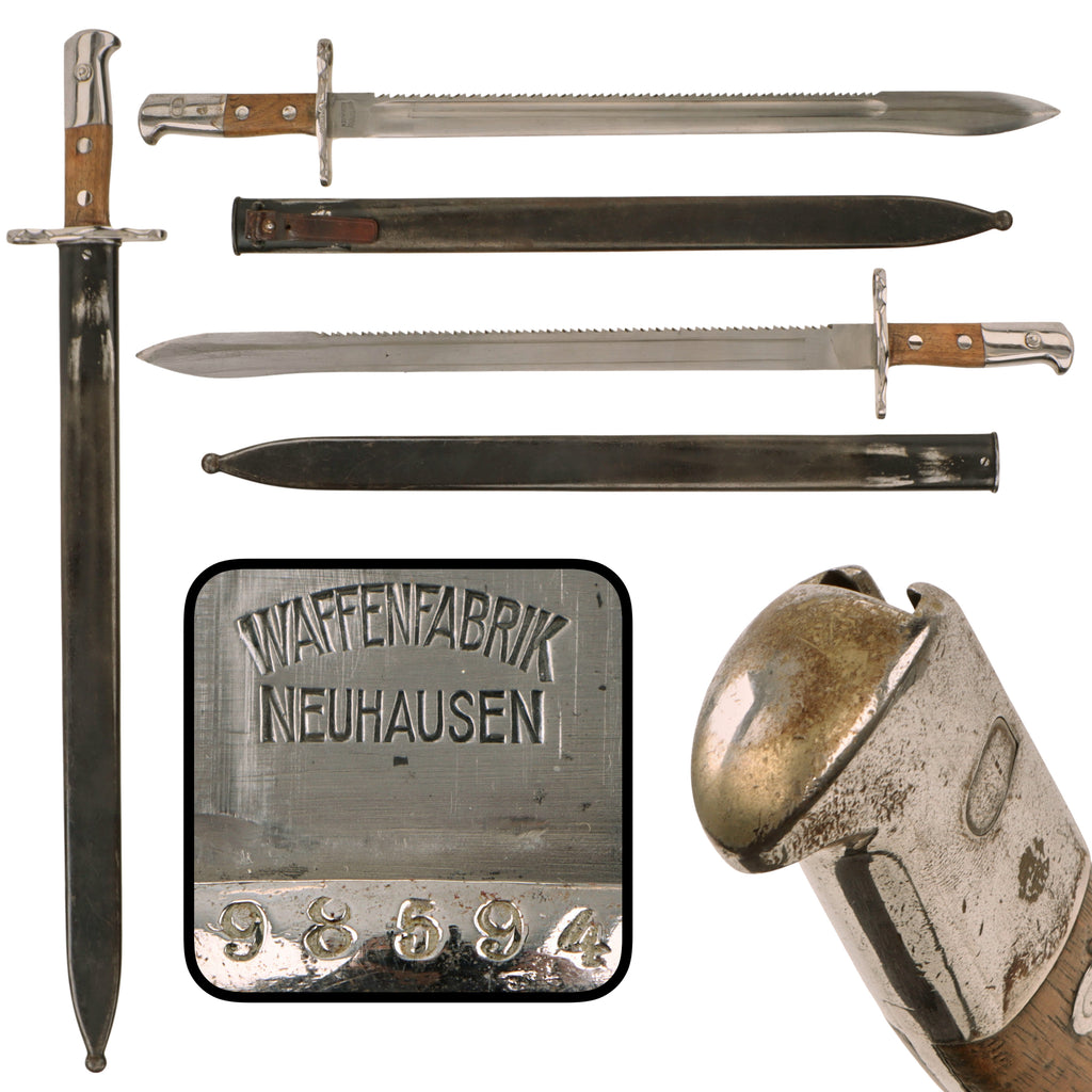 Original Swiss WWI-Era Model 1914 Pioneer Sawback Bayonet by Waffenfabrik Neuhausen with Steel Scabbard