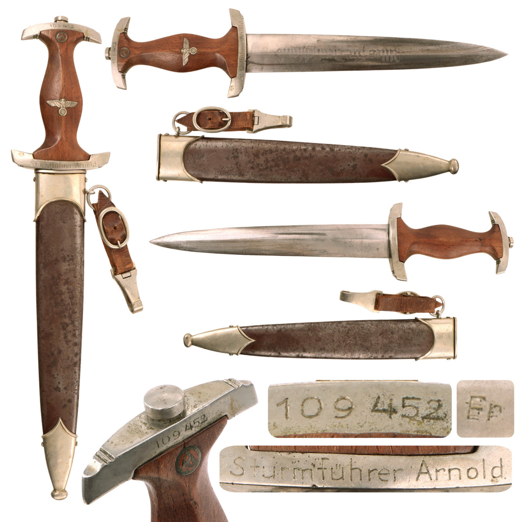 Original German Early WWII Personalized SA Dagger with Scabbard and Belt Hanger - Sturmführer Arnold