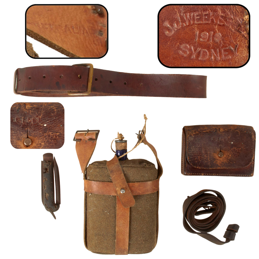 Original Australian WWI ANZAC Field Gear Equipment Lot - 1910-Dated Cavalry Ammunition Pouch Made in Sydney, Canteen with Harness, P-1903 Belt, Rifle Sling, and Jack Knife