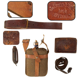 Original Australian WWI ANZAC Field Gear Equipment Lot - 1910-Dated Cavalry Ammunition Pouch Made in Sydney, Canteen with Harness, P-1903 Belt, Rifle Sling, and Jack Knife