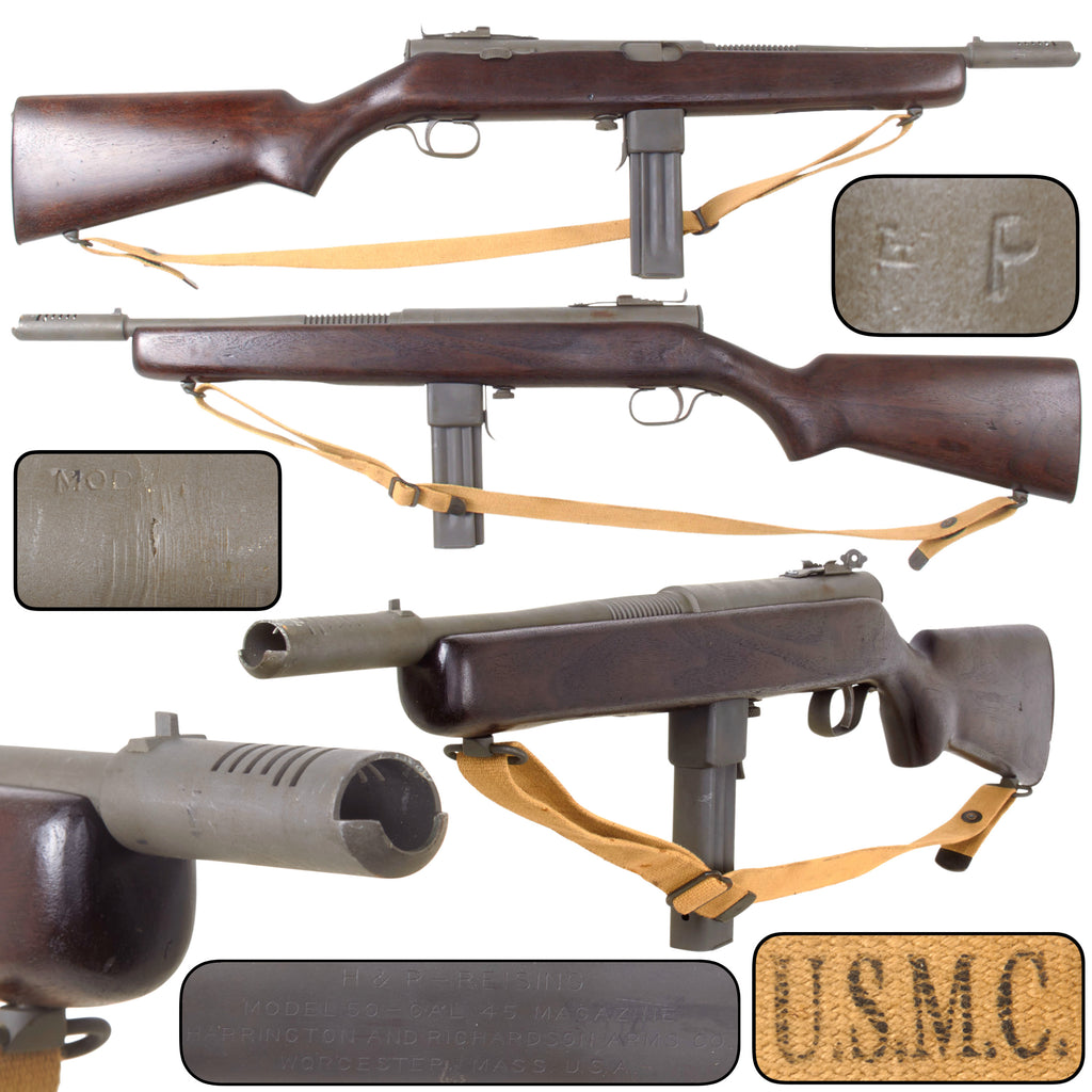 Original U.S. WWII U.S.M.C. H.&R. Reising Model 50 .45cal Display Submachine Gun with 1943 Dated U.S.M.C. Sling by BOYT and Magazine