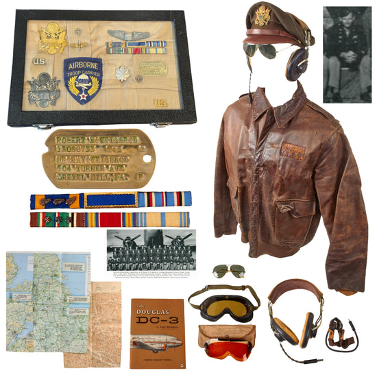 Original U.S. WWII D-Day A-2 Jacket, Dog Tag, and Ephemera Grouping of C-47 Skytrain Pilot Lt. Robert Marshall Weisbrod, 95th Troop Carrier Squadron, 440th Troop Carrier Group - Dropped 3rd Battalion 506th PIR into Carentan on During Invasion of Normandy Original Items