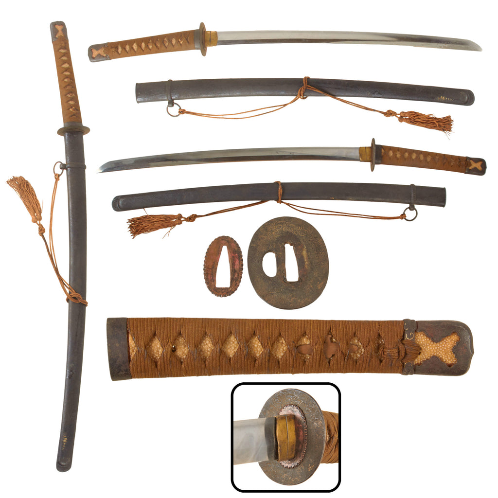 Original Japanese WWII Shin-Gunto Wakizashi Pilot's Short Sword with Airplane Menuki and Steel Scabbard