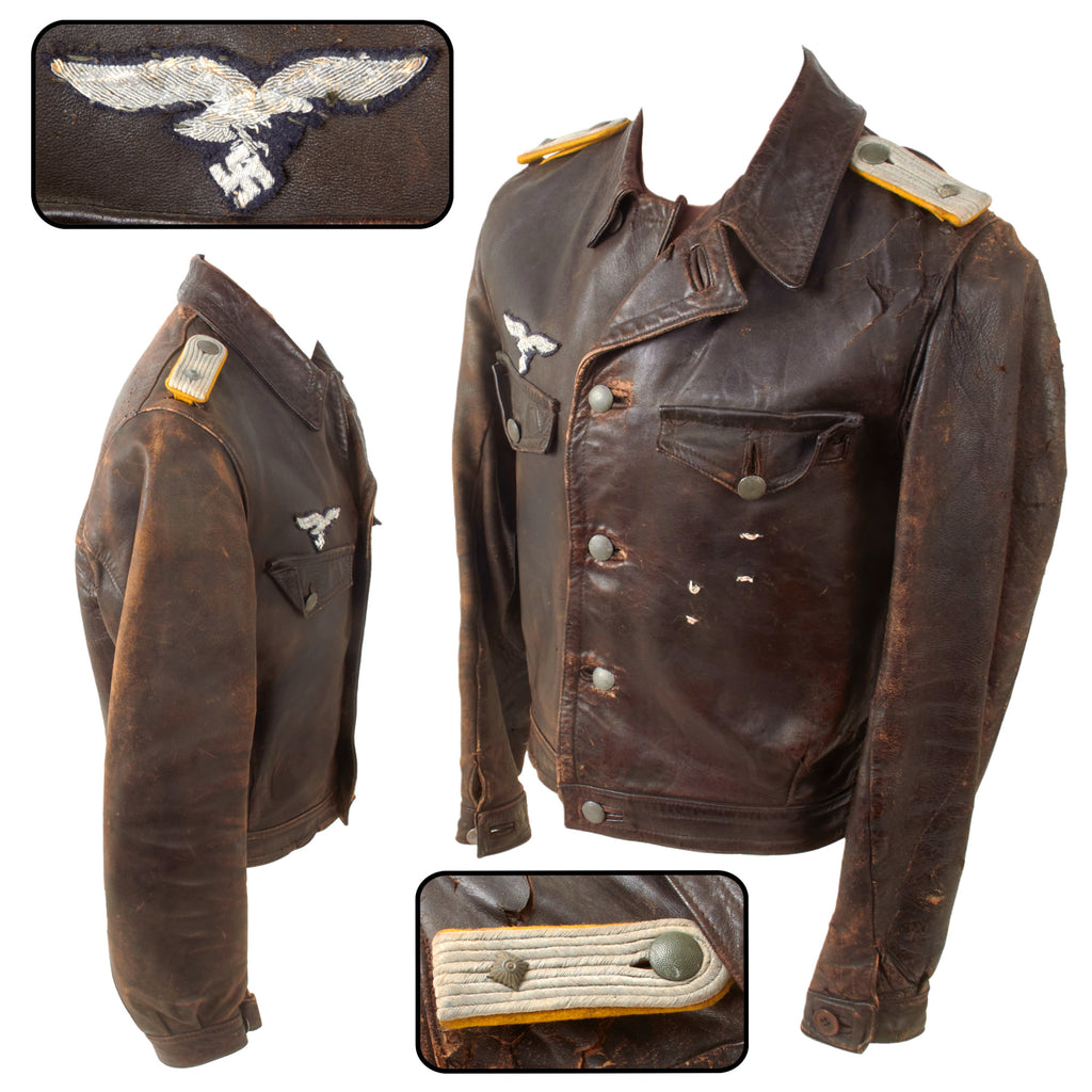 Original German WWII Luftwaffe Oberleutnant Private Purchase Leather Flight Jacket with Bullion Eagle Insignia Original Items
