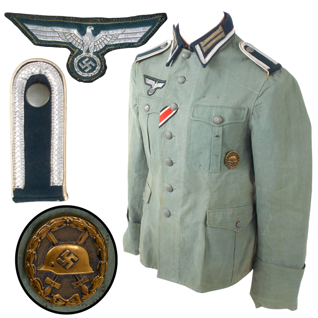Original German WWII Field Tailor-Made "Russian Cloth" Heer Army Infantry Unteroffizier NCO M36 Style Uniform Tunic with EKII Ribbon and Black Wound Badge