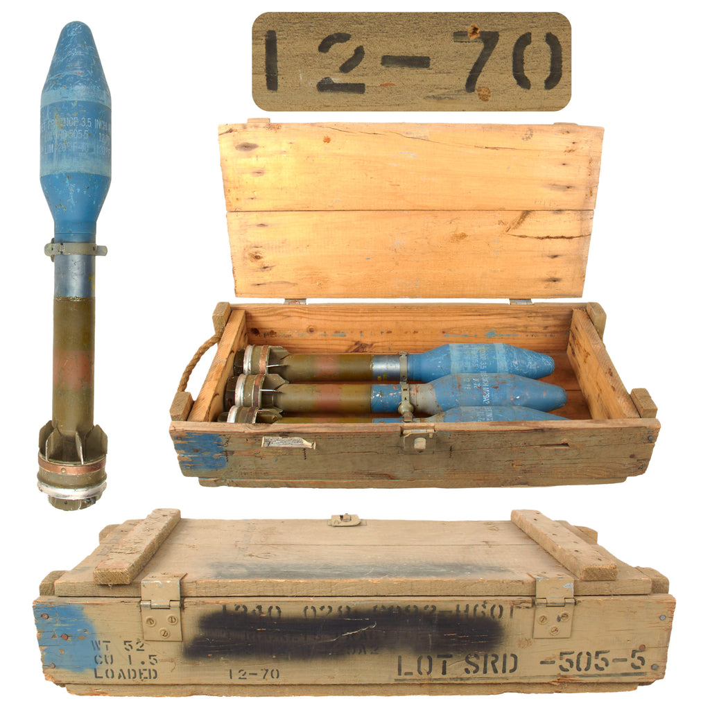 Original U.S. Vietnam War M20A1B1 3.5 Inch “Super Bazooka” M29A2 Rocket Crate with Three Inert Practice Rockets - Dated 1970 & 1972 Original Items