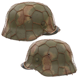 Original German WWII M40 Refurbished 5th SS Panzer Division 1942-43 Camouflage Chicken Wire Helmet - Stamped EF64