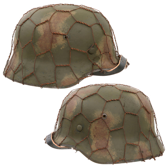 Original German WWII M40 Refurbished 5th SS Panzer Division 1942-43 Camouflage Chicken Wire Helmet - Stamped EF64