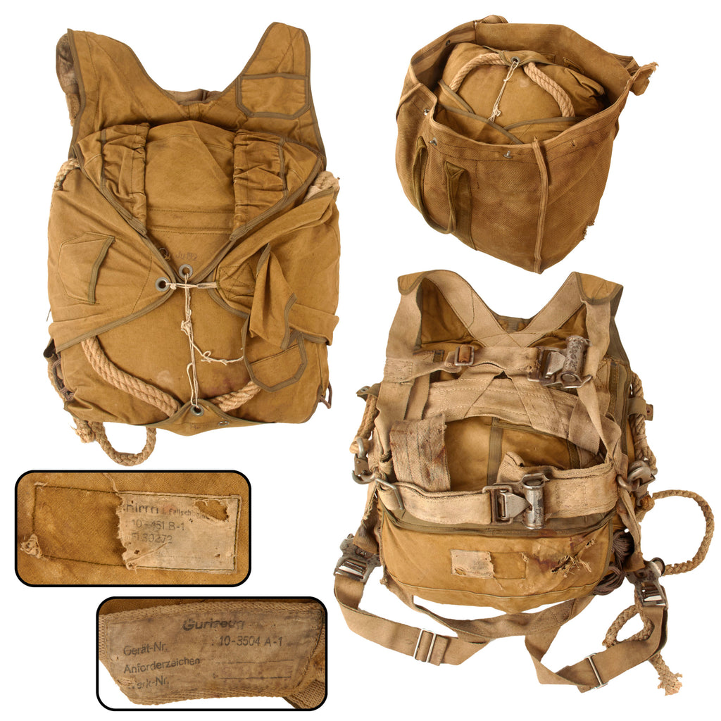Original German WWII Luftwaffe Service-Worn RZ20 Fallschirmjäger Parachute Set with Harness and Bag