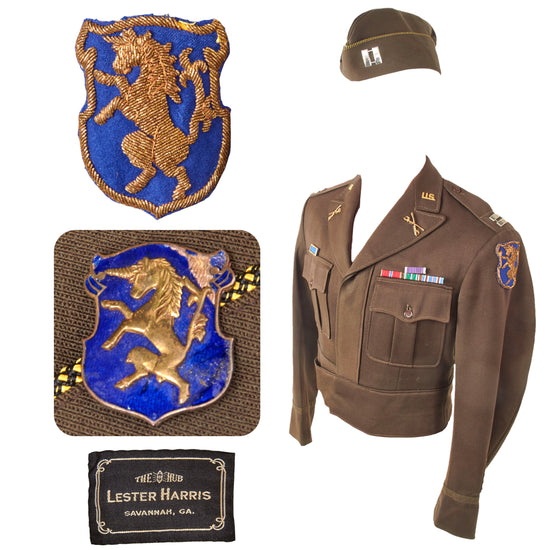 Original U.S. WWII “Fighting 6th” 6th Mechanized Cavalry Group Captain’s Custom Uniform Jacket with Bullion Patch and Piped Officer’s Garrison Cap with Enameled DI Original Items