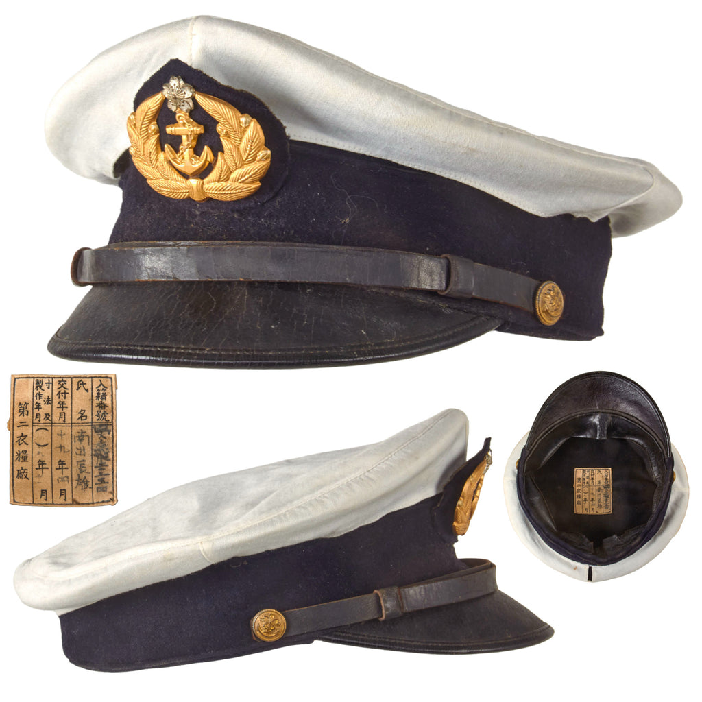 Original WWII Imperial Japanese Navy IJN Officer Visor Cap with White Foul Weather Cover with Depot Tag Inside Original Items