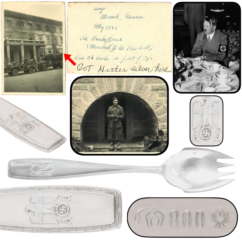 Original German WWII May 1945 Munich Führerbau Recovered AH “Formal Pattern” .800 Silver Oyster Fork by Bruckmann & Söhne with Notarized Provenance from Captain Abraham Epstein - 1269th Engineer Combat Battalion