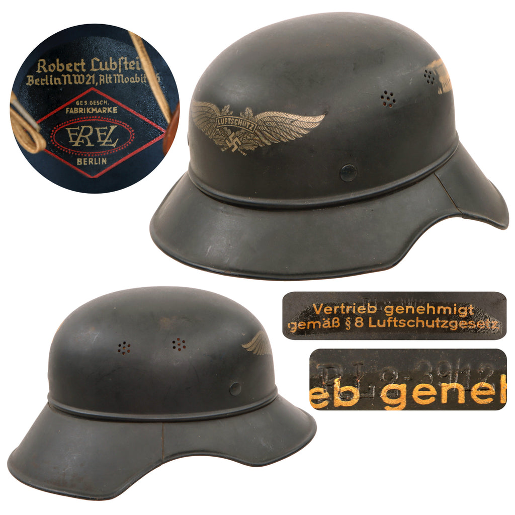 Original German WWII M38 Luftschutz Beaded Gladiator Air Defense Helmet by EREL with 57cm Liner - dated 1939 Original Items