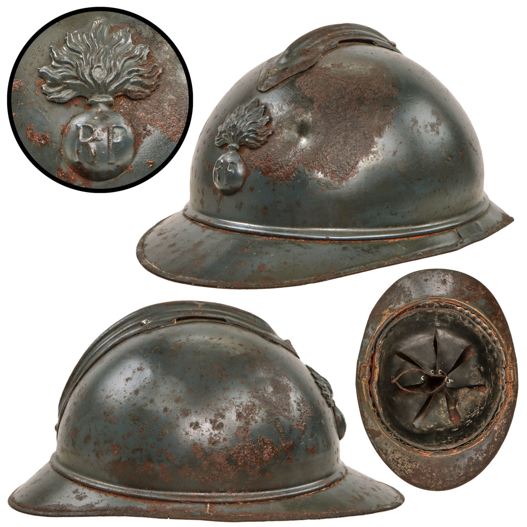 Original French WWI Issue Model 1915 Infantry Adrian Helmet in Horizon Blue with Scarce 1st Pattern Liner Original Items