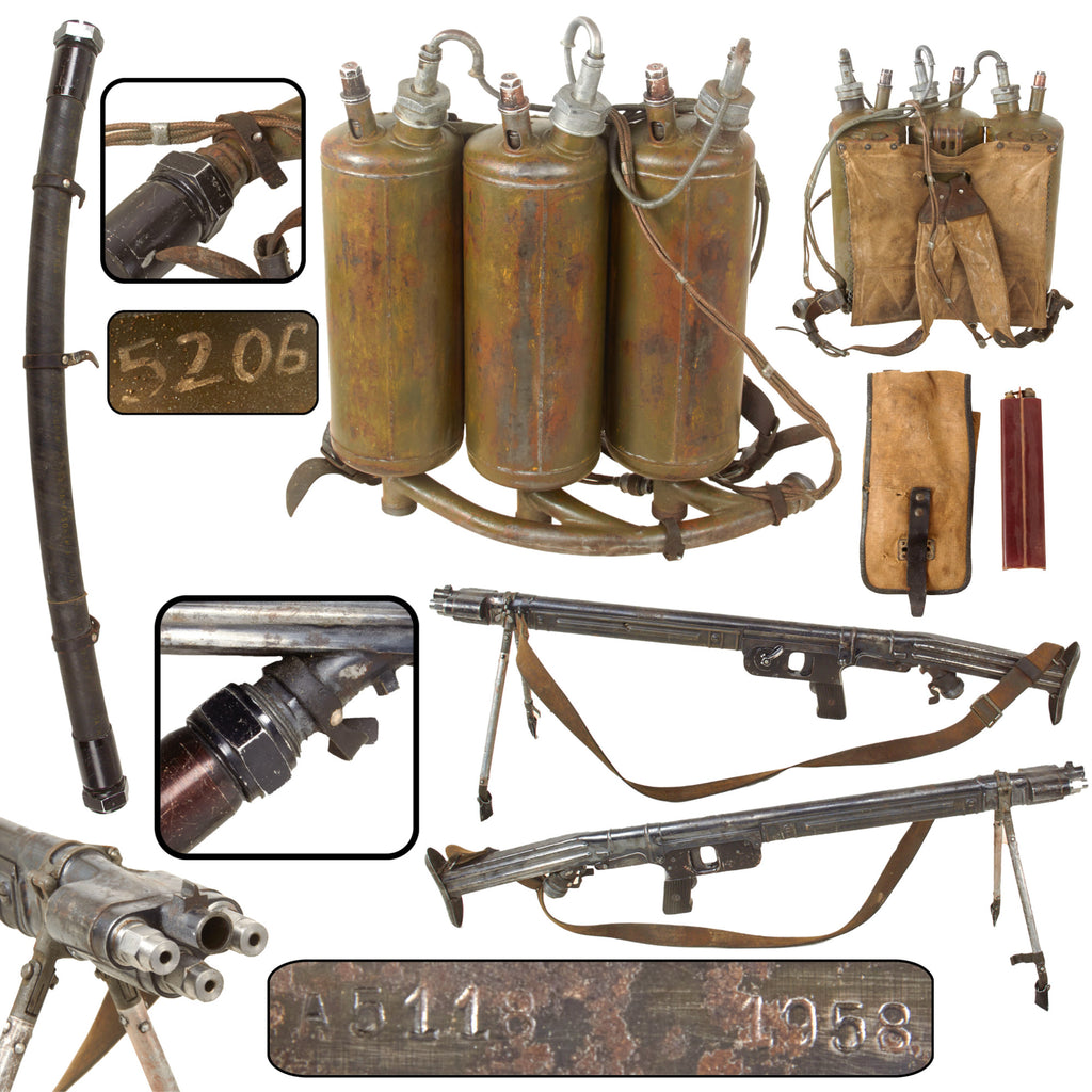 Original Soviet Russian Cold War Inert LPO-50 Flamethrower Set with Projector, Backpack, and Power Pack in Pouch - Dated 1958