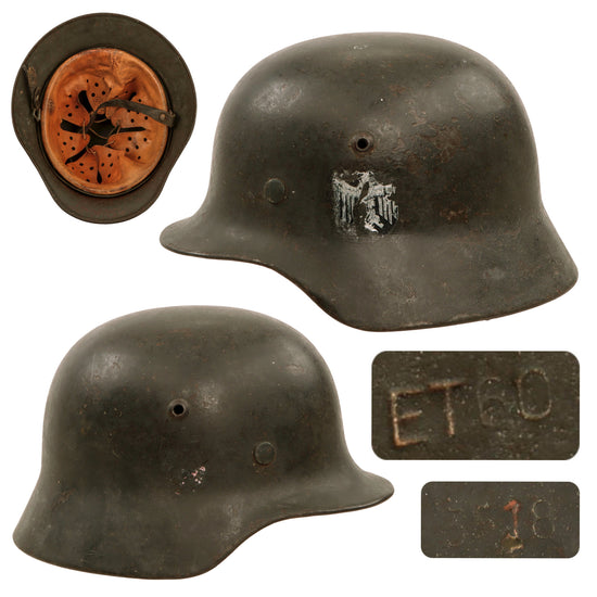 Original German WWII Extra Small Heer M35 Double Decal Helmet with 1944 Dated 53cm Liner & Broken Chinstrap - Stamped ET60 Original Items