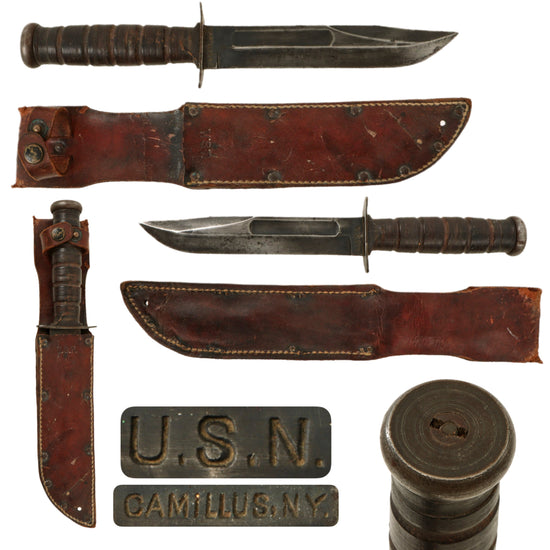 Original U.S. WWII USN Mark 2 KA-BAR Early Nut Pommel Blade-Marked Fighting Knife by CAMILLUS in Original USN Leather Sheath Original Items