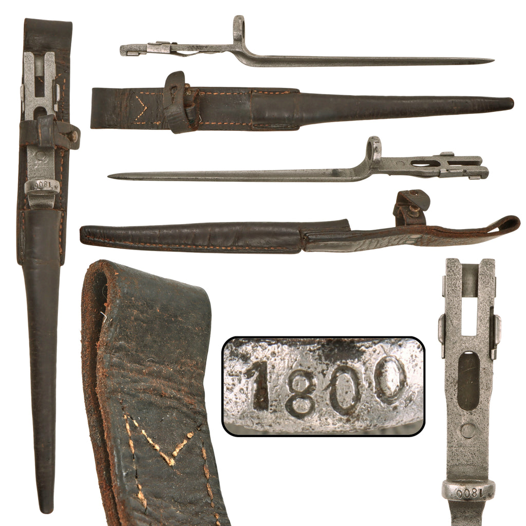 Original U.S. WWII Rare Serial-Numbered M1941 Johnson Rifle Spike Bayonet with Leather Scabbard - #1800