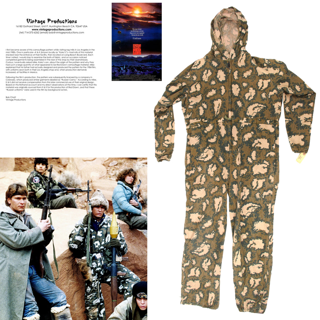 Original Film 1984 Red Dawn Wardrobe Costume: Soviet Kamuflirovannyy Letniy Maskirovochnyy Kombinezon KLMK Camouflage Jumpsuit Worn by Russian Soldiers with Copy of Letter of Provenance Original Items