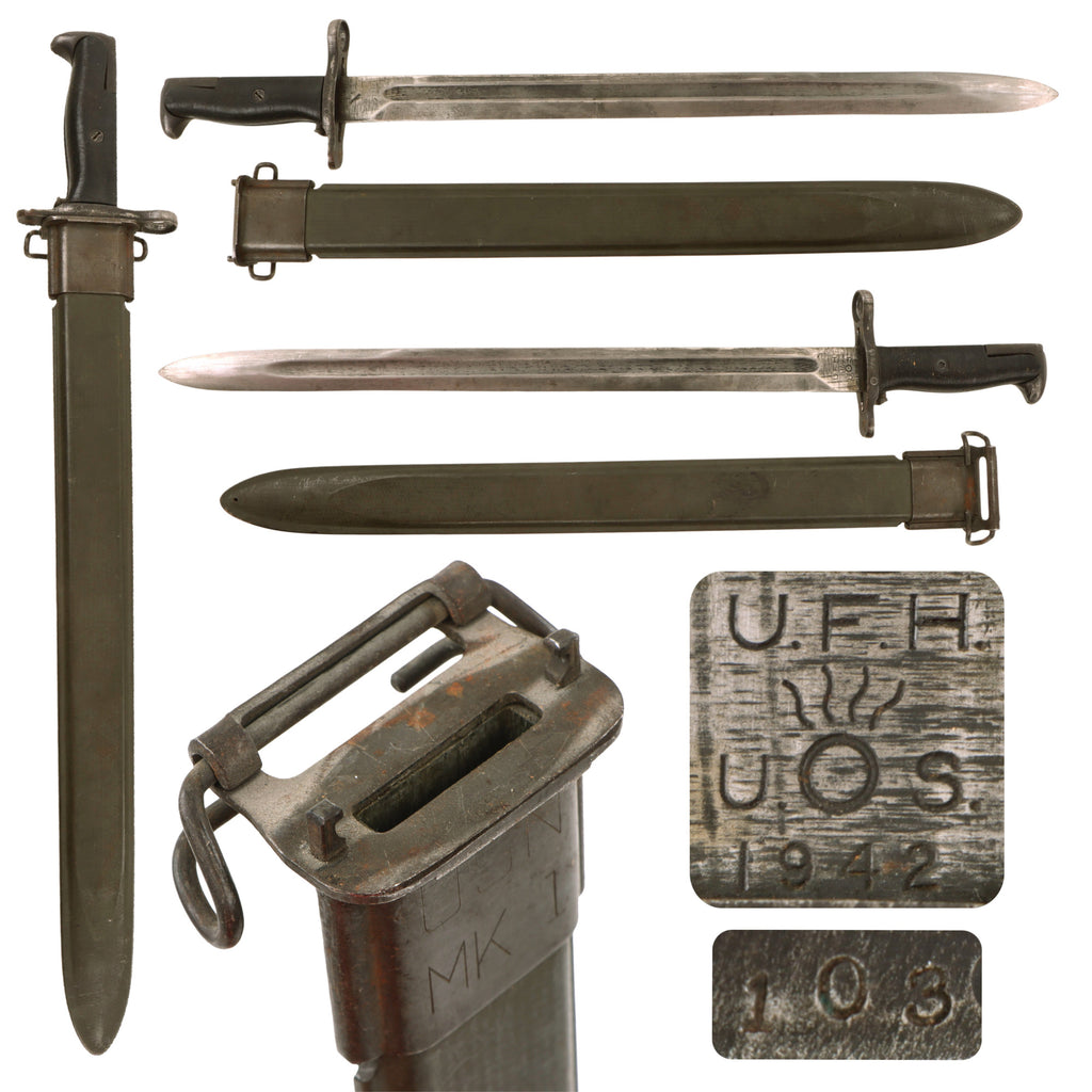 Original U.S. WWII 16” M1 Garand Bayonet and Scabbard by U.F.H. with USN MK 1 Scabbard - Dated 1942 Original Items