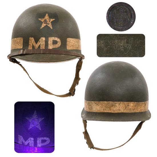 Original U.S. WWII 2nd Infantry Division Painted Military Police 1942 M1 McCord Front Seam Fixed Bale Helmet with MSA Liner Original Items