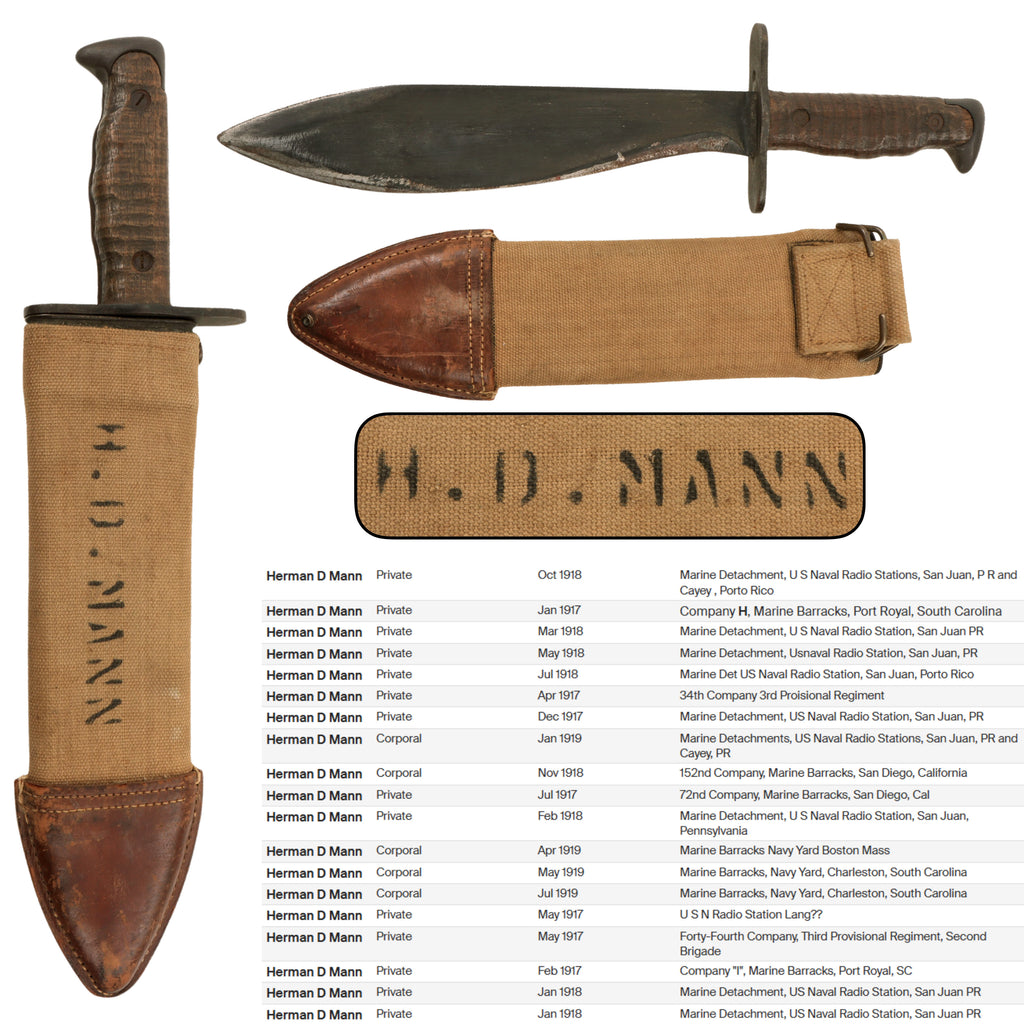 Original U.S. WWI USMC Named Model 1917 Bolo Knife by Plumb Philadelphia Dated 1918 with Canvas Scabbard - Herman D Mann, Porto Rico Marine