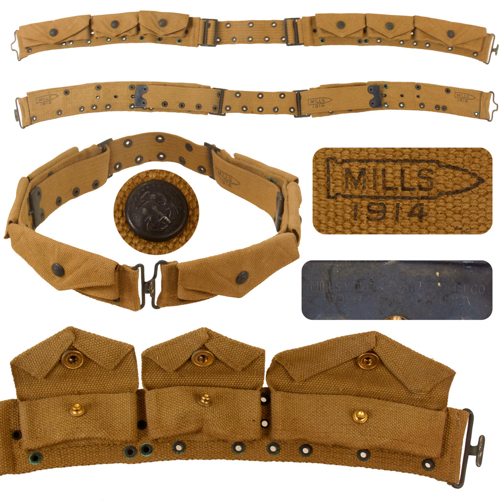 Original U.S. WWI Rare USMC Marine Corps Mills No. 170 Horizontal Pocketed Pistol Belt - Rimmed Marine Eagle Snap Original Items