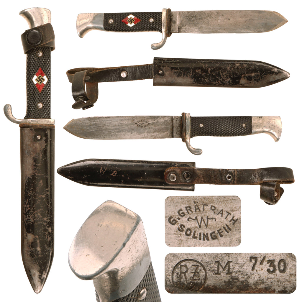 Original German WWII Transitional HJ Knife by Gebrüder Gräfrath of Solingen with Scabbard - RZM M7/70 Original Items