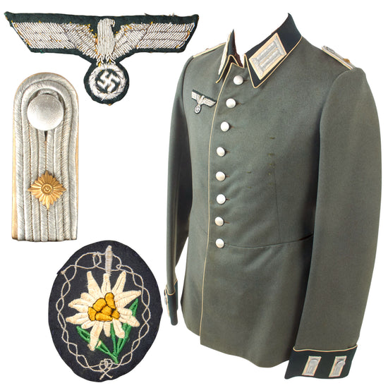 Original German WWII Heer Army Infantry Oberleutnant M35 Waffenrock Dress Tunic with Gebirgsjäger Edelweiß Sleeve Badge Original Items