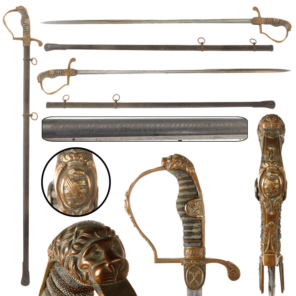Original Imperial German WWI Cavalry Officer’s Triple Etched Lion Head Sword by C.A. Westmann of Dresden with Steel Scabbard