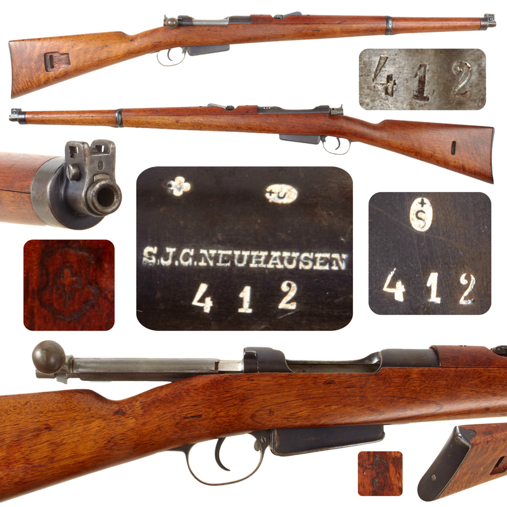 Original Antique Swiss Mannlicher Model 1893 Straight-pull Carbine by SIG Neuhausen in 7.5×53.5mm Swiss - Matching Serial 412 Original Items