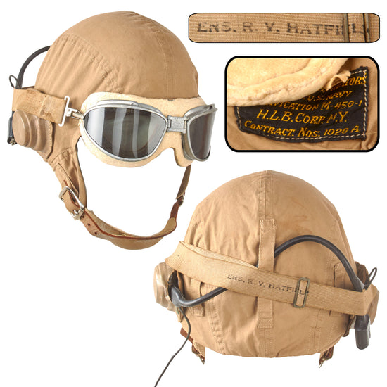 Original U.S. WWII USN / USMC H.L.B. Corp. M-450-1 Summer Flight Helmet with Telephonics TH-37 Headset & Chas Fischer Spring Mk II Goggles Original Items