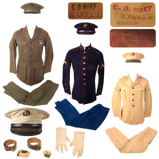 Original U.S. Pre-WWII Complete Named USMC Uniform Grouping with Greens, Khakis, Blues, and Matching Visor Caps - Served from 1929-1933 - Charles D. Naef Original Items