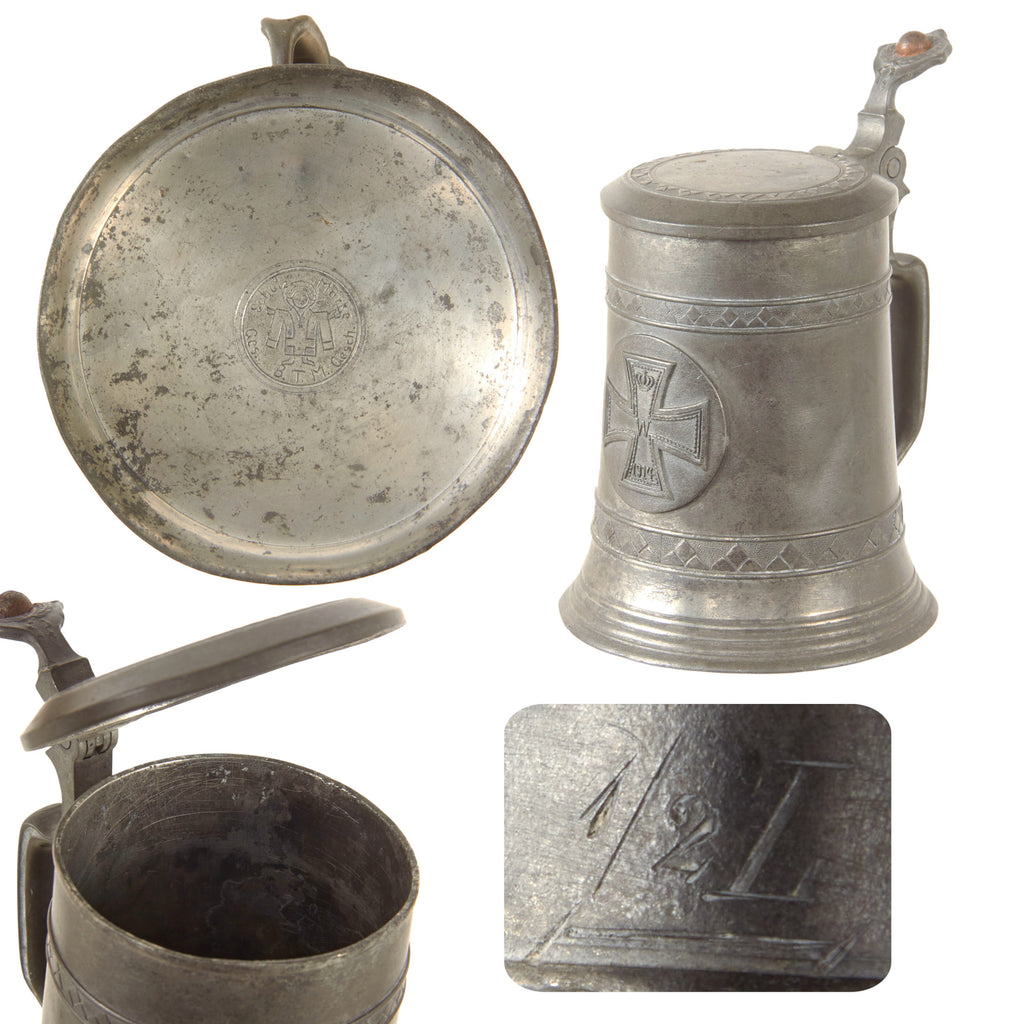 Original Imperial German WWI Era Pewter Lidded Beer Stein with Iron Cross & Maker’s Mark by Brüder Thannhauser, München Original Items