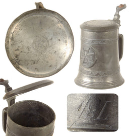Original Imperial German WWI Era Pewter Lidded Beer Stein with Iron Cross & Maker’s Mark by Brüder Thannhauser, München