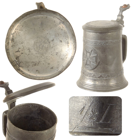 Original Imperial German WWI Era Pewter Lidded Beer Stein with Iron Cross & Maker’s Mark by Brüder Thannhauser, München Original Items