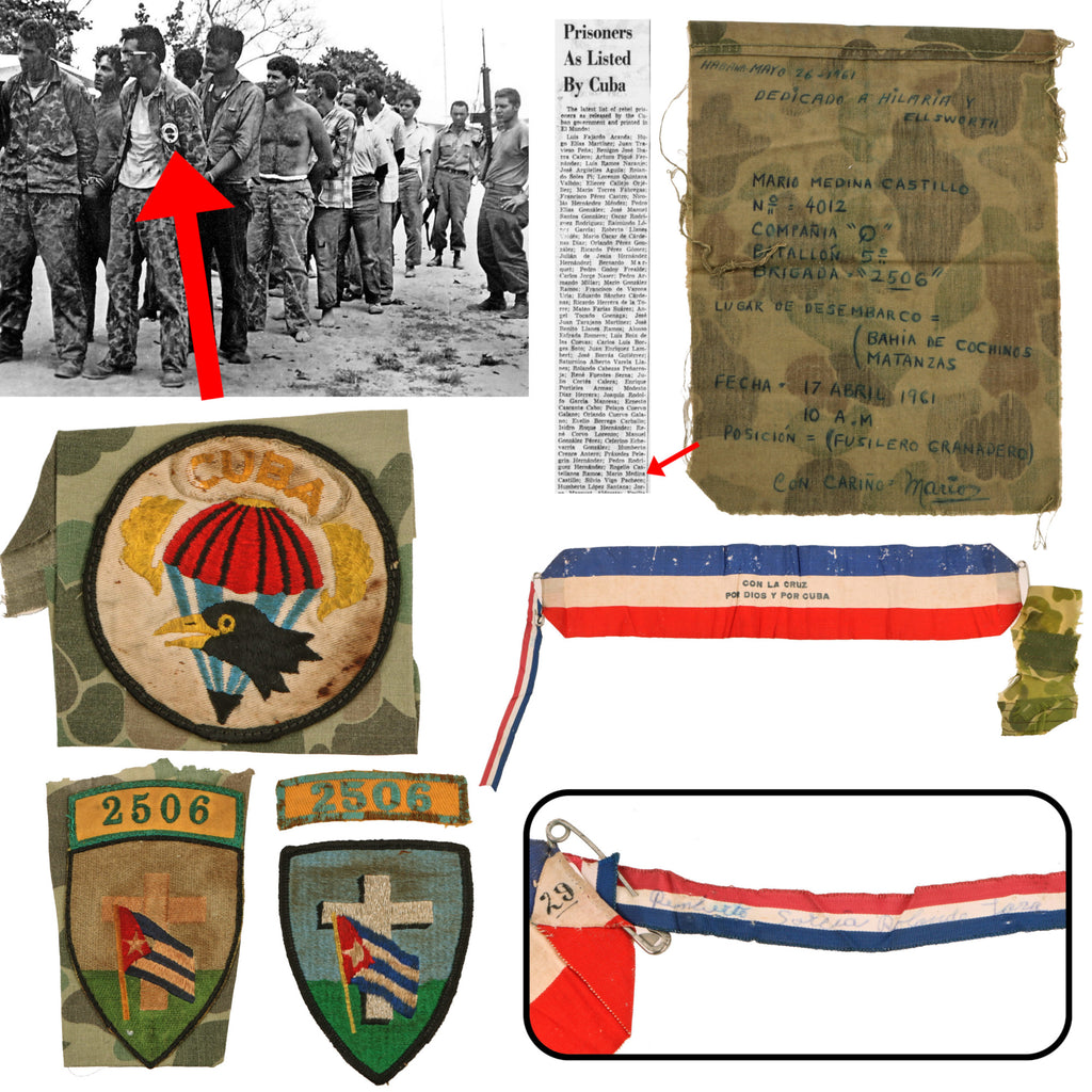 Original Cuban Bay of Pigs Invasion Brigade 2506 Patch Lot with Dedication Uniform Scrap, Original Eagle Cuba Patch & 2506 Scroll, with Veteran Patch Copies Original Items