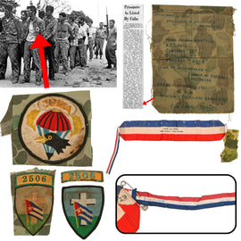 Original Cuban Bay of Pigs Invasion Brigade 2506 Patch Lot with Dedication Uniform Scrap, Original Eagle Cuba Patch & 2506 Scroll, with Veteran Patch Copies