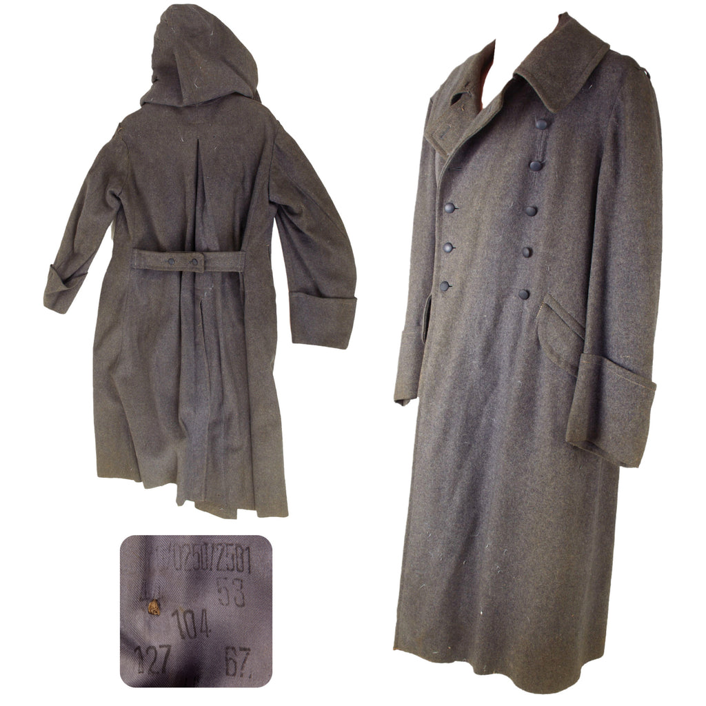 Original German WWII 1944 Dated EM/NCO M44 Gray Wool Greatcoat with Hood - RBNr. Marked Original Items