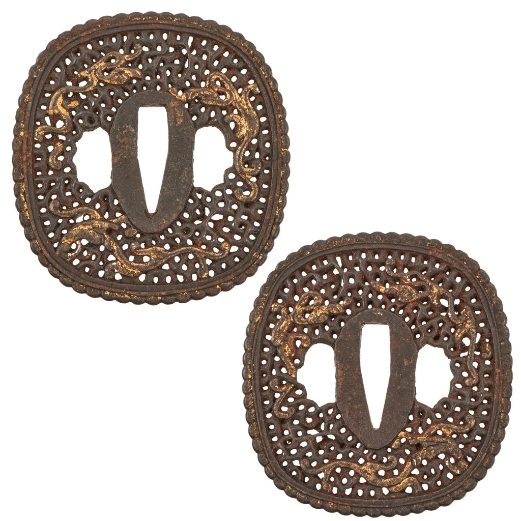 Original 18th Century Edo Period Japanese Perforated Round Iron Tsuba Cross Guard with Gilt Decorations - MARU GATA Shape