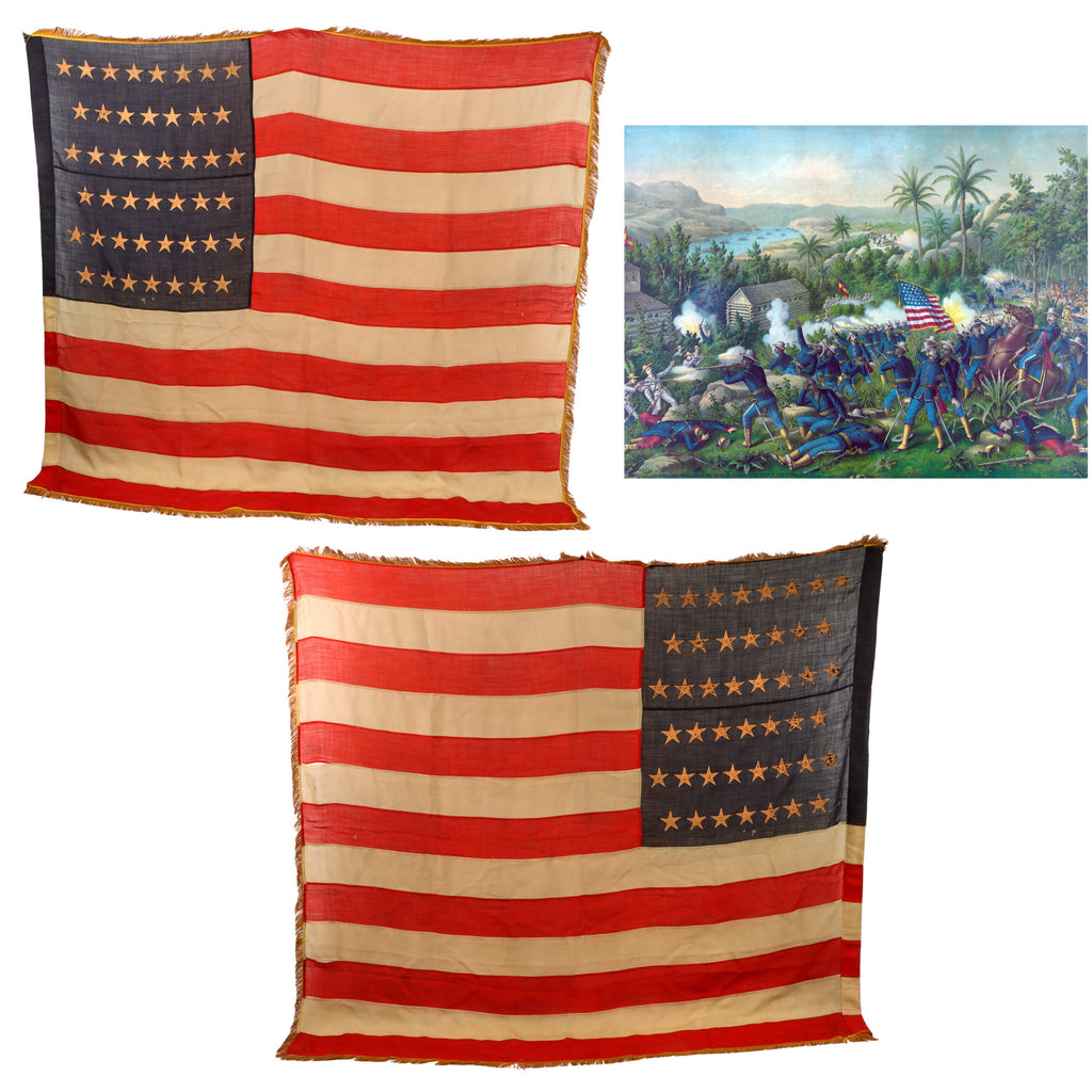 Original U.S. Spanish American War Large 45 Star (1896-1908) Multi-Piece Wool National Flag with Fringe in Army National Colors Style - 70 x 78”
