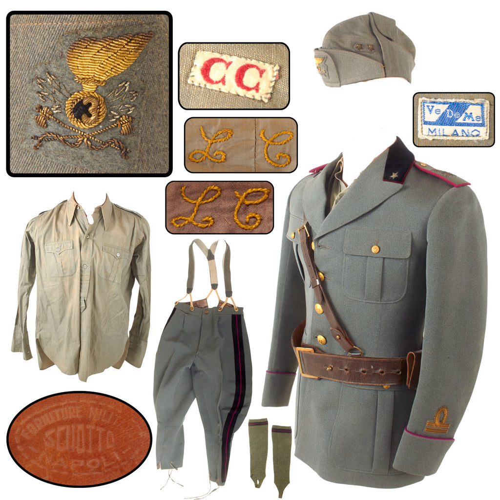 Original Italian WWII 3rd Engineer Regiment Lieutenant’s Uniform Group with Bustina, Officer’s Belt, Holster, and Leg Warmers