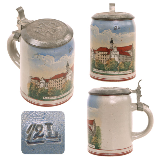 Original Imperial German WWI Royal Bavarian Non-Commissioned Officer School, Fürstenfeldbruck Lidded Beer Stein with Iron Cross on Lid