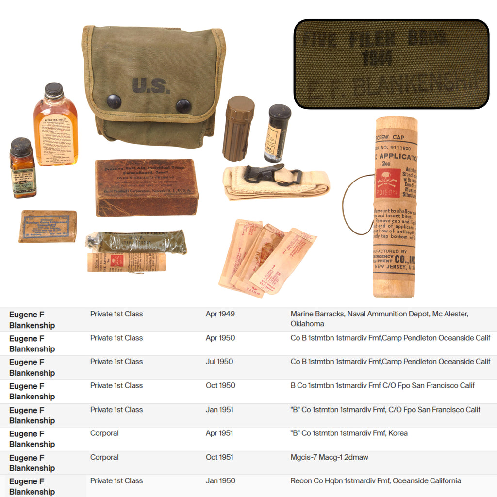 Original U.S. WWII Korean War USMC M2 Jungle Medical Aid Kit with Contents by Five Filer Bros. Named to Korean War Marine - Dated 1944
