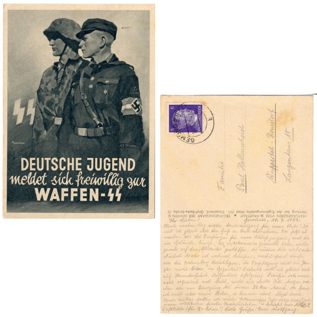 Original German WWII Waffen SS Posted Postcard of Recruiting Poster by Ottmar Anton - 4 1/16 x 5 13/16”