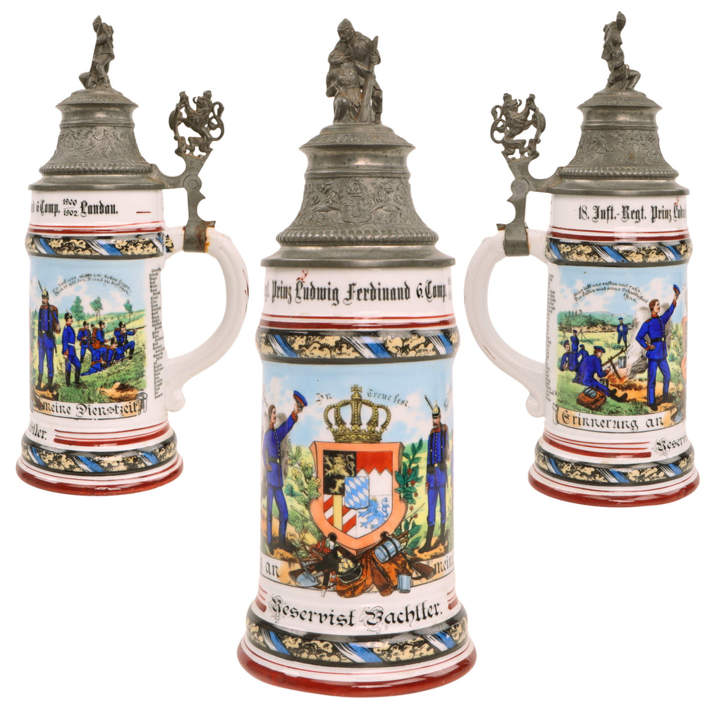 Original Imperial German Pre-WWI 18th Royal Bavarian Infantry Regiment "Prince Ludwig Ferdinand" Reservist Beer Stein with Hinged Lid - Dated 1900-1902