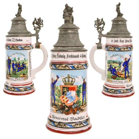 Original Imperial German Pre-WWI 18th Royal Bavarian Infantry Regiment "Prince Ludwig Ferdinand" Reservist Beer Stein with Hinged Lid - Dated 1900-1902 Original Items