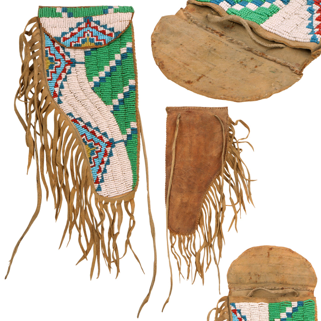 Original U.S. 19th Century Native American Plains Indian Beaded Sidearm Holster - Braintanned Leather with Correct Glass Trade Beadwork