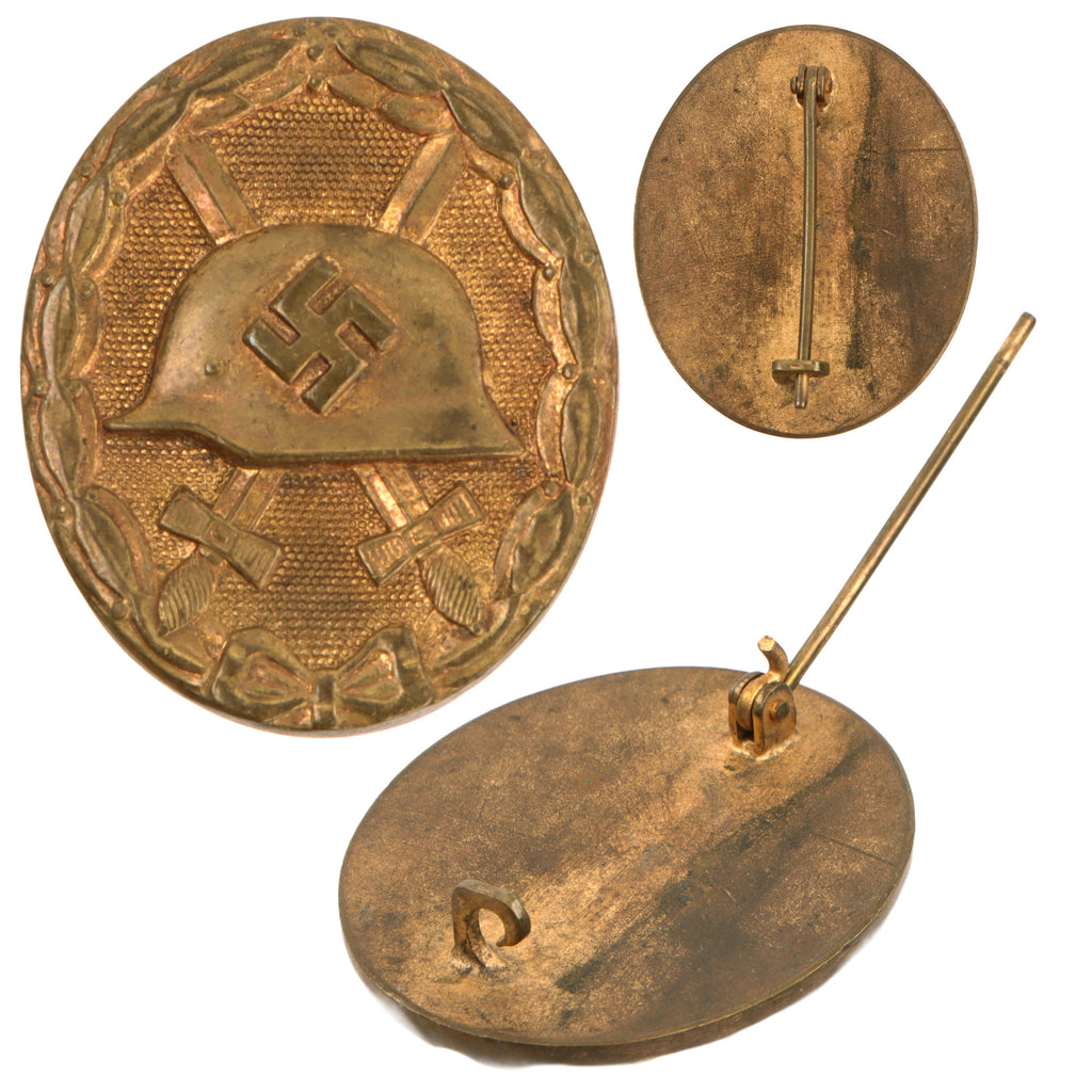 Original German WWII 1939 Gold Grade Wound Badge (Verwundetenabzeichen) in Solid Gilt Tombak/Brass